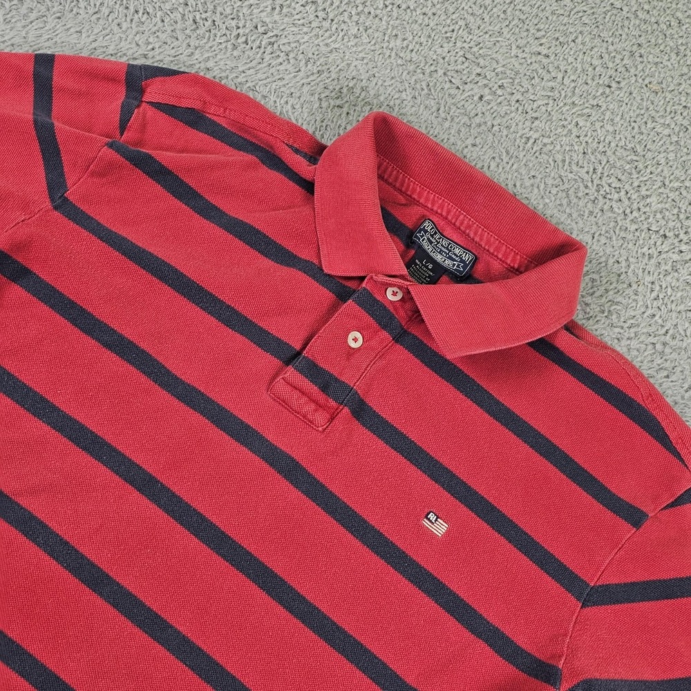 Polo Jeans Company Polo Shirt Mens Large Red Navy Striped RL Flag Logo Cotton‎